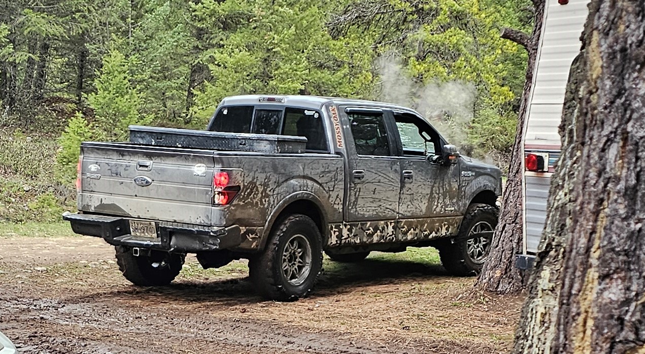 Photo de la camionnette Ford F-150 grise endommagée portant une plaque d’immatriculation dont le numéro est SM9740 à l’avant