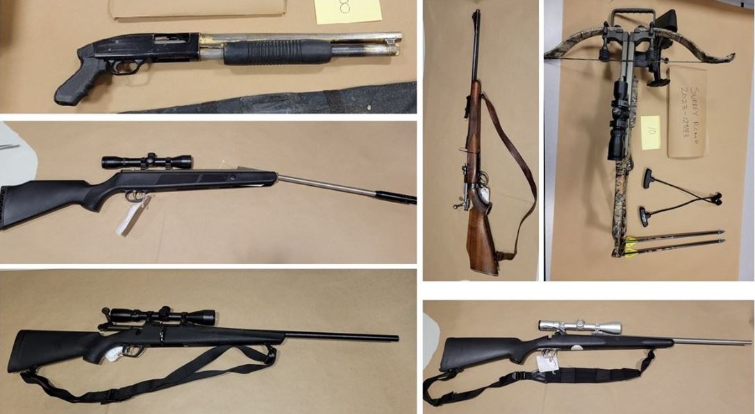 Photo collage of various firearms and crossbow