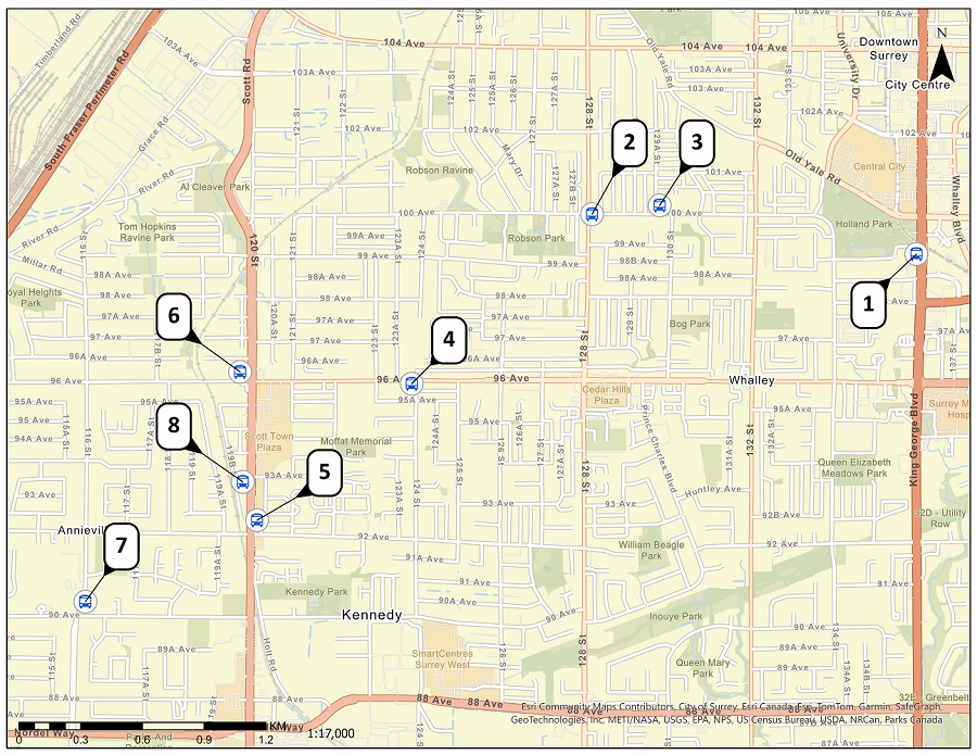 Photo of a map of bus routes and locations where Joseph got on and off a number of buses.