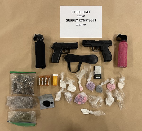 <q>Photo of seized imitation firearms, bear spray and cvariety of illicit durgs.</q>