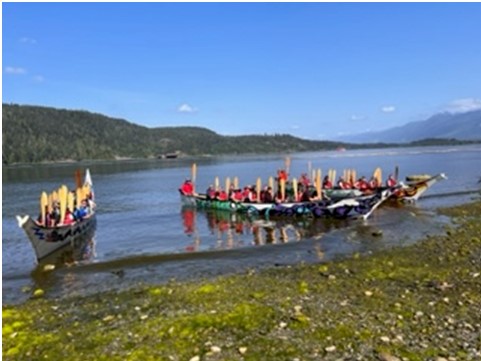 Photo of 3 canoes at canal beach people holding up paddles