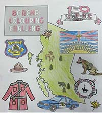 BC RCMP colouring challenge - sheet of RCMP policing items and shape of the Province of British Columbia