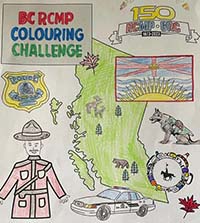 BC RCMP colouring challenge - sheet of RCMP policing items and shape of the Province of British Columbia